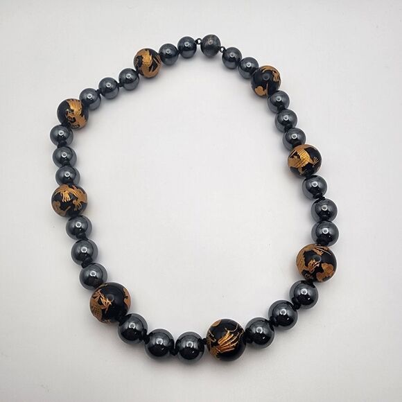 Gold Gilt Dragon Sterling 925 Black Onyx & Hematite Beaded  Sterling Silver, Carved Gold Gilt Dragon Black Onyx, & Hematite Necklace